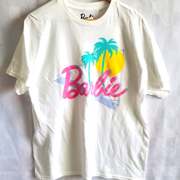NEW * BARBIE T-Shirt White Large Logo Tropical Graphic Palm Trees Beach Summer L - Picture 1 of 4